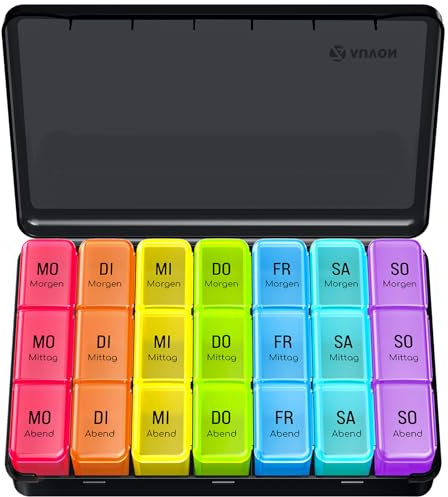 AUVON Tablettenbox 7 Tage Morgens Mittags Abends, Tragbare Pillendose mit Großen Separaten Fächern, Medikamentenbox 7 Tage 3 fächer, lichtundurchlässiger Pillenbox für Medikamente, Vitamine Fischöle