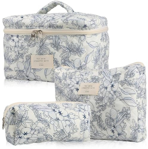 Pyuyan 3 Pezzi Floreale Grande Capacità per Il Trucco, Set Make Up Bag, Borsa da Toilette Trapuntata, Borsa Cosmetica Estetica Floreale, Borsa per Il Trucco Trapuntata, per Donne e Ragazze