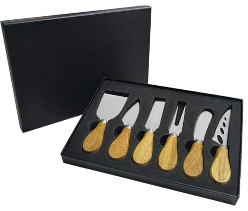 BOUFEIDA Set di 6 Coltelli da Formaggio, Taglia Formaggio in Acciaio Inox, Manico in Legno, con Scatola Regalo, Ideale per Regalo(Manico in Legno di Acacia)