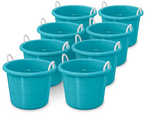 Life Story 8 Pack Open Storage Bucket, Round Plastic Container with Rope Handles, 17 Gallon, Teal