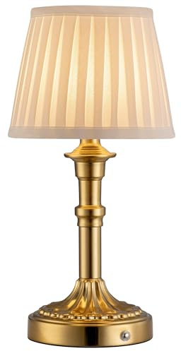 VISDANFO Lámpara de mesa inalámbrica, pantalla de tela LED, pequeña lámpara de mesa con batería, regulable sin niveles, lámpara táctil para salón, comedor, dormitorio, baño (bronce)