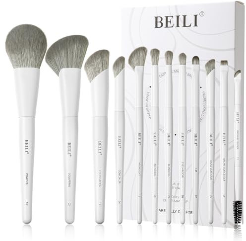 BEILI Set di pennelli per trucco, colore bianco, 12 pennelli vegani per fondotinta, correttore, sopracciglia, ombretto, contorno, eyeliner, pennello per occhi (bianco)