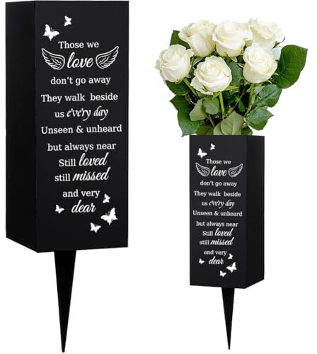 WEBEEDY Cemetery Vases for Graves with Spikes Metal Memorial Vases Angel Wings Butterflies Pattern Black Cemetery Flower Holder Memorial Sympathy Gifts for Loss of Loved One,8x20 cm