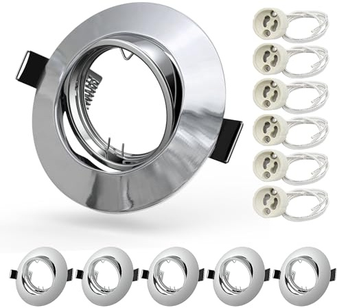 6X GU10 Downlights for Ceilings 360° Tilt Swivel Recessed Ceiling Lights Metal Frame Round Polished Chrome GU10 Light Fitting with Lampholders, Outer Diameter: 90mm, Cutout: 68-85mm, No Bulbs