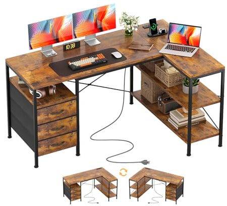 CAIYUN 120cm Corner Desk with Drawers, Reversible L shaped Computer Desk with Power Outlet, Home Office Desk with USB Charging Port, Rustic Brown