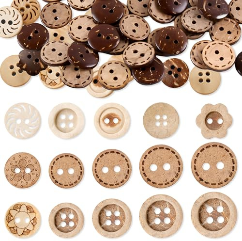 150 Piezas Botones de Coco, 5 Tamaños Botones de Madera, Botone Redondos Vintage de 2 y 4 Agujeros Decorativos de Coco Para Coser Manualidades de Bricolaje álbumes de Recortes