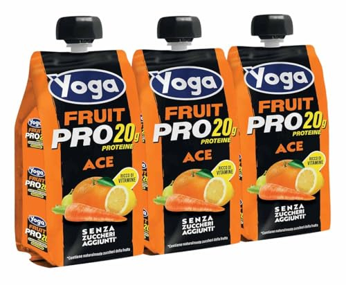 3X Yoga Fruit Pro Ace Succo di Frutta con Arancia, Carota e Limone con Vitamine, Proteine e Senza Zuccheri Aggiunti 250ml