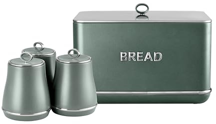 Tower Renaissance Bread Bin, 16L Capacity, Simple Pull Lid and Set of 3 Storage Canisters for Coffee/Sugar/Tea, 1.5L, Forest Green