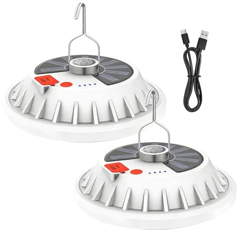 PORFOYO 2 pezzi LED lampada da campeggio ricaricabile solare lampada da campeggio con telecomando, 120 LED luce da campeggio con USB, 5 modalità, IP65 impermeabile, diametro 16 cm, per campeggio