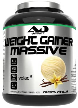 Addict sport nutrition - Weight gainer massive - Prise de masse musculaire avec protéine concentrée - Ultra calorique 1200 kcal par dose - 51g de protéine et 21g de BCAA - 2,5 kg - Goût vanille