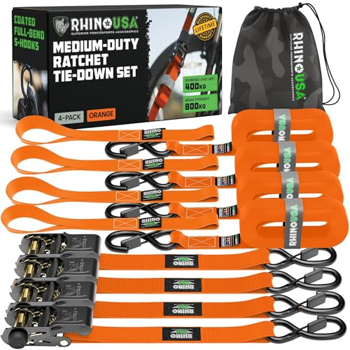Rhino USA Ratchet Straps Tie Downs (4-Pack) - 2.5cm x 4.6m with S Hooks | 800kg (1,823lb) Heavy Duty Manual Ratchet w/ Safety S Hooks & Soft Loops. For Trucks, Cargo, Moving & Appliances. Orange