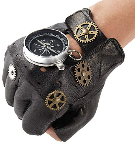 KOGOGO Steampunk Leather Gloves Mens Gothic Fingerless Mittens,Compass
