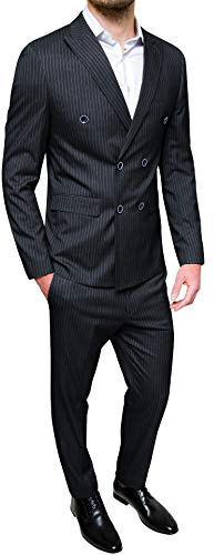 Evoga Abito Uomo Sartoriale Completo Vestito Doppiopetto gessato Elegante Cerimonia (48, Nero)