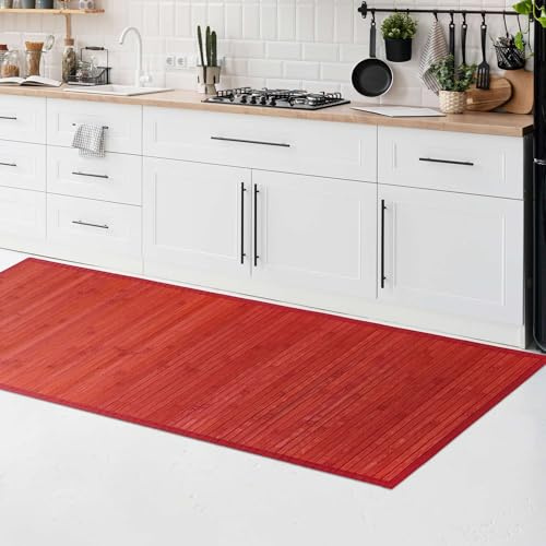 CosìCasa Tapis Cuisine et Salle de Bain en Bambou - 50X100 cm Antidérapant et Résistant à l'eau - Bois Naturel Durable - Effet Couleur Unie Facile à Nettoyer - Rouge