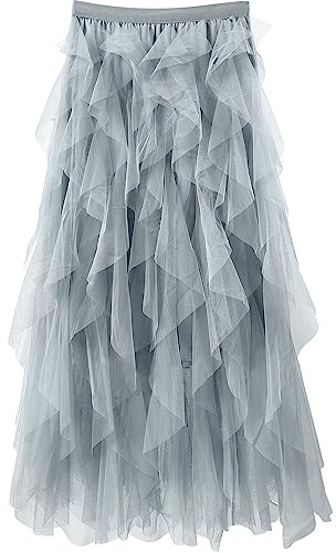 Women Tulle Skirts Layered Tutu Skirt Midi Length Elastic High Waist A Line Skirt (Gray)