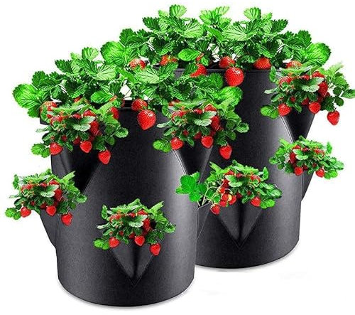 Bolsas de cultivo de fresas, paquete de 2 macetas de 10 galones con 8 bolsillos laterales de cultivo, macetas de fresas con mango reforzado para el jardín (paquete de 2)