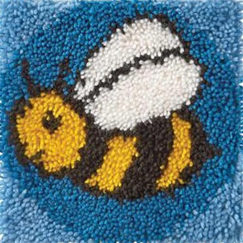 CraftsFabrics Bumble Bee Latch Hook Kit for Adults & Kids – DIY Rug Making Kit with Pre-Printed Canvas, Acrylic Yarn & Hook Tool, Bee Cushion Craft & Home Décor