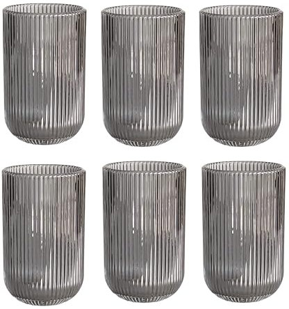 Lot de 6 verres à vin et verres à vin cannelés, ligne striée, verres à long drink, verres à cocktail avec gaufrage, verre à vin, verre à eau (gris-brillant)