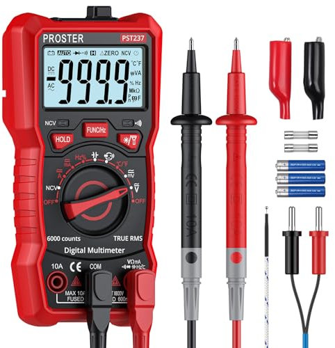 Proster Multímetro Digital 6000 Cuentas Rango Automático Polímetro Profesional NCV con Pinza Cocodrilo para Prueba de Voltaje Corriente DC/AC Resistencia Capacitancia Continuidad Diodo Temperatura
