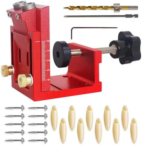 Julymoda Taschenloch Bohrschablone Pocket Hole Jig Set, Bohrhilfe mit 2*HSS φ9mm Bohrer 10*Schrauben 10*Holzbearbeitungsstöpseln für Möbelbau Holzbearbeitung