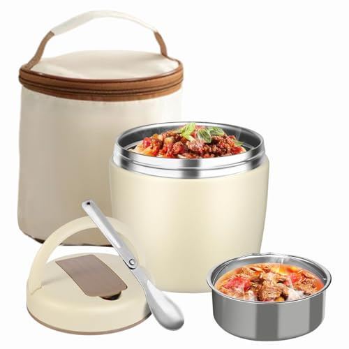 1200ml Doppelschicht Thermobehälter für Essen 304 Edelstahl Warmhaltebehälter Speisegefäß Thermo Lunchbox für Kinder Erwachsene mit Faltbaren Löffel und Thermotasche für Suppen, Brei, Eiscreme