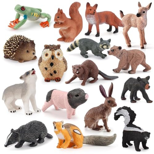 Tutamaz Lot de 18 figurines d'animaux de la forêt, jouets miniatures animaux hibou, hérisson, renard, écureuil, ours, singes – Pour décoration de gâteau ou cupcake – Figurines d'animaux pour fêtes à