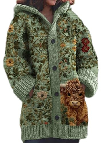 Women's Cardigans UK Chunky Knitted Jacket Colourful Print Hoodies with Buttons and Pockets Christmas Sweater Long Sleeve 3D Printed Top