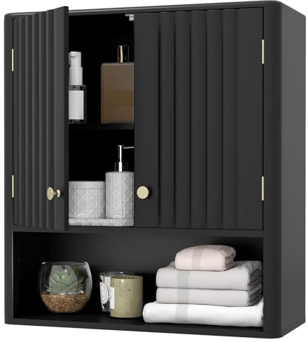 Multigot Bathroom Wall Cabinet, Wooden Wall Mounted Storage Cupboard with 2 Fluted Doors and Adjustable Shelf, Toilet Storage Furniture for Living Room Kitchen Laundry (Black)