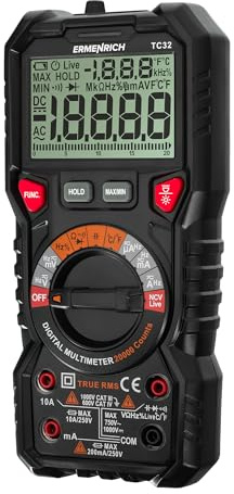 Ermenrich Zing TC32 Multimetro Digitale, Corrente AC/DC, Capacità, Frequenza, Duty Cycle, Termocoppia, Resistenza, TRMS, Test Batteria, 20000 Conteggi, NCV, Display LCD, Scala Grafica