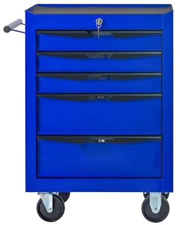 Werkzeugwagen mit 5 Schubladen, Rollend mit Kugellager-Schubladen, Stahl Werkzeugkoffer für Werkstatt & Garage, Mobiler Werkzeugschrank mit Arbeitsplatte (Schwarz+Blau)