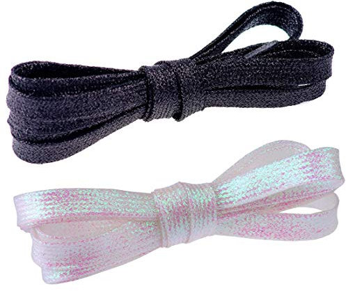 Flyingfish 2 Paires de Lacets Scintillants en Métal - Bling pour Chaussures et Bottes - Plats Blanc + Noir