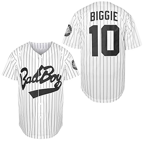 Biggie Smalls Jersey 10 Bad Boy Camisa 90s Hip Hop Ropa Cosida Película Jersey De Béisbol, 10 rayas blancas, X-Large