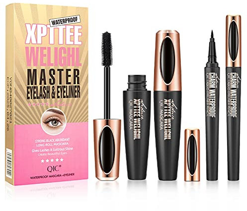 Joyeee Set da mascara eyeliner, mascara per ciglia in fibra di seta 4D e eyeliner liquido, ciglia voluminose più spesse, kit per il trucco degli occhi a prova di sbavature a lunga durata(05)