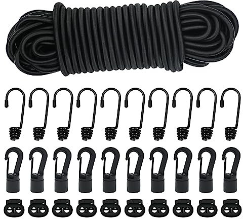 15m De Cuerda Elástica Segura, 6mm Cuerdas Elásticas Y Fijaciones,10 De Ganchos Elásticos, 10 Ganchos De Plástico para Cuerda Elástica,10 Cierres Elásticos De Plástico Lonas, Portaequipajes(6mm)