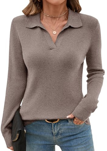 Romanstii Women's Old Money Polo Sweater Lightweight Knitwear V Neck Long Sleeves Winter Pullover Tops,Light Coffee,XL
