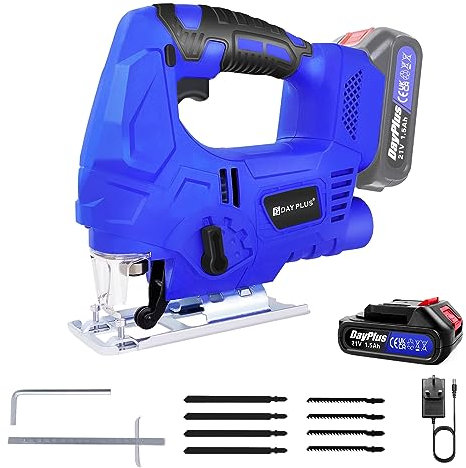 Cordless Jigsaw with Battery, Max Cutting Depth 100MM, No-Load Speed: 3000 SPM, Saw Blade, Soft Steel Blade, 1.5Ah Battery, Charger, 45° Slope Adjustment, LED, Hexagonal Spanner, Good Helper for Work