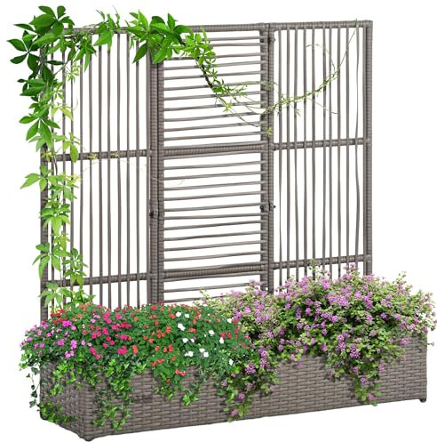 Outsunny Jardinière avec Treillis jardinière sur Pied Support pour Plantes avec Treillis bac à Fleurs rectangulaire en résine tressée PE et Acier dim. 103L x 29l x 103H cm Gris