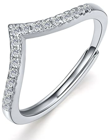 Ticome Sterling Silver Wishbone V-Shaped Stackable Ring - Straight Diamond, Couples, Engagement and Wedding - Inlaid Design
