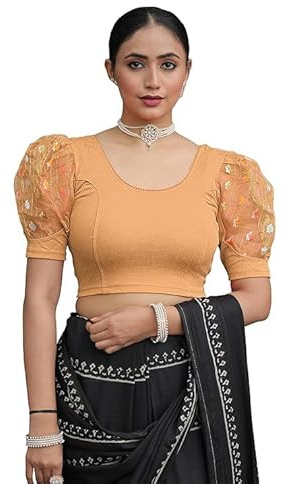 Jaanvi fashion Kvinnors rund hals bomullssträckbar armhåla tryckt prinsessa-snitt pipning/Kalamkari Ajrakh färdiggjord sari blus, BEIgE, M
