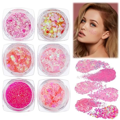 Lilbitty 6 stycken transparent glittergel för ansikte och kropp, festival glitter set för barn och vuxna, glänsande paljetter för make-up, hår och pyssel, rosa och guld