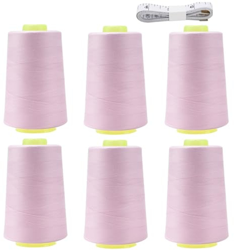 FOGAWA Hilo de coser de 5000 yardas, 6 carretes para máquina de coser overlock, hilo de poliéster, hilo overlocker 40S/2 rosas, conos de hilo de coser con cinta métrica para manualidades de costura a