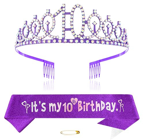 Diadème violet pour 10e anniversaire pour filles - Couronne de princesse en cristal - Bandeaux d'anniversaire - Décorations d'anniversaire - Kit diadème d'anniversaire pour fille - Accessoires de