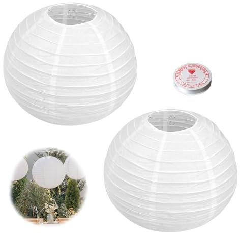 NHPY 2 stück Papierlampenschirm Rund, Lampenschirm papier, Lampions Weiß für Kreative Diy-Projekte und Party Garten Hochzeit Dekoration,mit 60m Dekoseil(20 cm, 8)