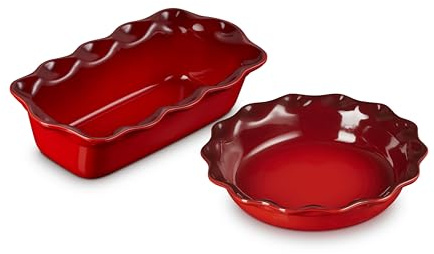 Le Creuset Stoneware Set of 2 9 Heritage Fluted Pie and 9 Fluted Loaf Dish, Cerise