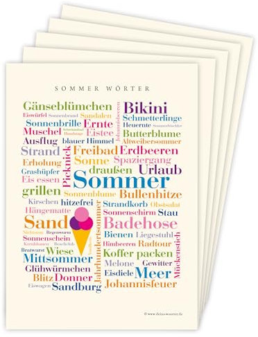 Deine Wörter Postkartenset - 5 Postkarten mit Sommer, einzigartiges Souvenir und kreative Geschenkidee - DIN A6