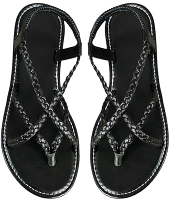 Sandales d'été pour femme - Élégantes et confortables - Sandales plates - Séparateurs d'orteils - Légères et antidérapantes - Simples - En cuir - Tendance et élégantes, Noir , 43 EU