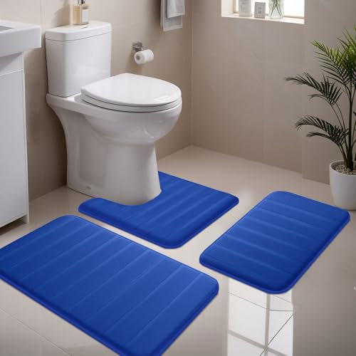 NAKIHOUSE 3 Piece Non-Slip Bath Mat Set, Luxury Thick Memory Foam Bathroom Rugs, Water Absorbent Soft Shower Mat Machine Washable Toilet Mat for Bathroom Floor,Blue