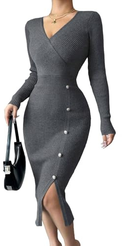 JENJON Donna Vestiti in Maglia Aderente Midi Abito con Scollo a V Maniche Lunghe a Vita Alta Elastico Abiti con Bottoni Casual Autunno Inverno