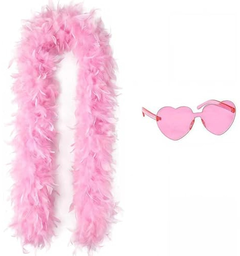 Moorlan Pink Feather Boa 2m with Heart Rimless Sunglasses, Soft Turkey Feather Scarf for Women, Perfect for Dancing, Wedding, Hen Party, Halloween, Christmas, Cosplay and Photo Props
