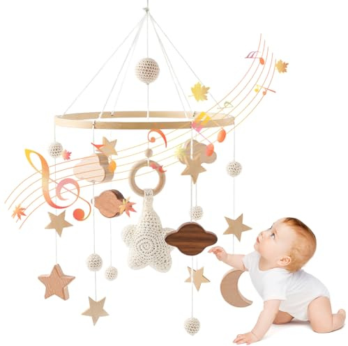 Mobile pour bébé, étoiles, nuages, lune, crocheté à la main, mobile pour berceau avec son clair, en bois bohème à suspendre pour décoration de chambre de garçons et filles